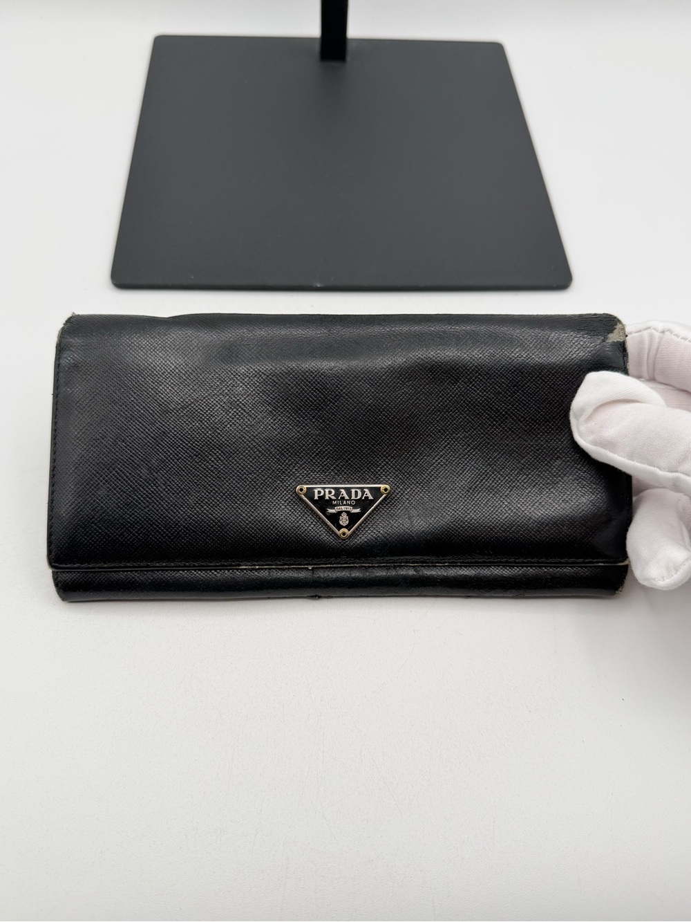 Prada Black Saffiano Leather Triangular Logo Long Wallet